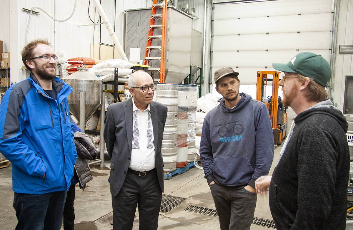 Lacombe-Ponoka Alberta Party Candidate Myles Chykerda and Alberta Party Leader Stephen Mandel were given a tour of Blindman Brewing by co-owners Hans Doef and Matt Willerton during a campaign stop in Lacombe on March 26th. Todd Colin Vaughan/Lacombe Express