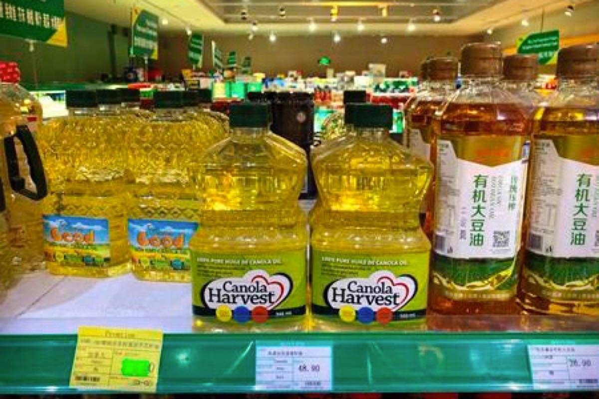 FILE - In this March 6, 2019, file photo, bottles of Canola Harvest brand canola oil, manufactured by Canadian agribusiness firm Richardson International, are seen on a shelf of a grocery store in Beijing. China said Wednesday, March 27, 2019 its suspension of the license of a second major Canadian canola exporter is justified by safety concerns, as the sides continue to feud over Ottawa’s detention of a top executive of Chinese telecom giant Huawei. (AP Photo/Mark Schiefelbein, File)