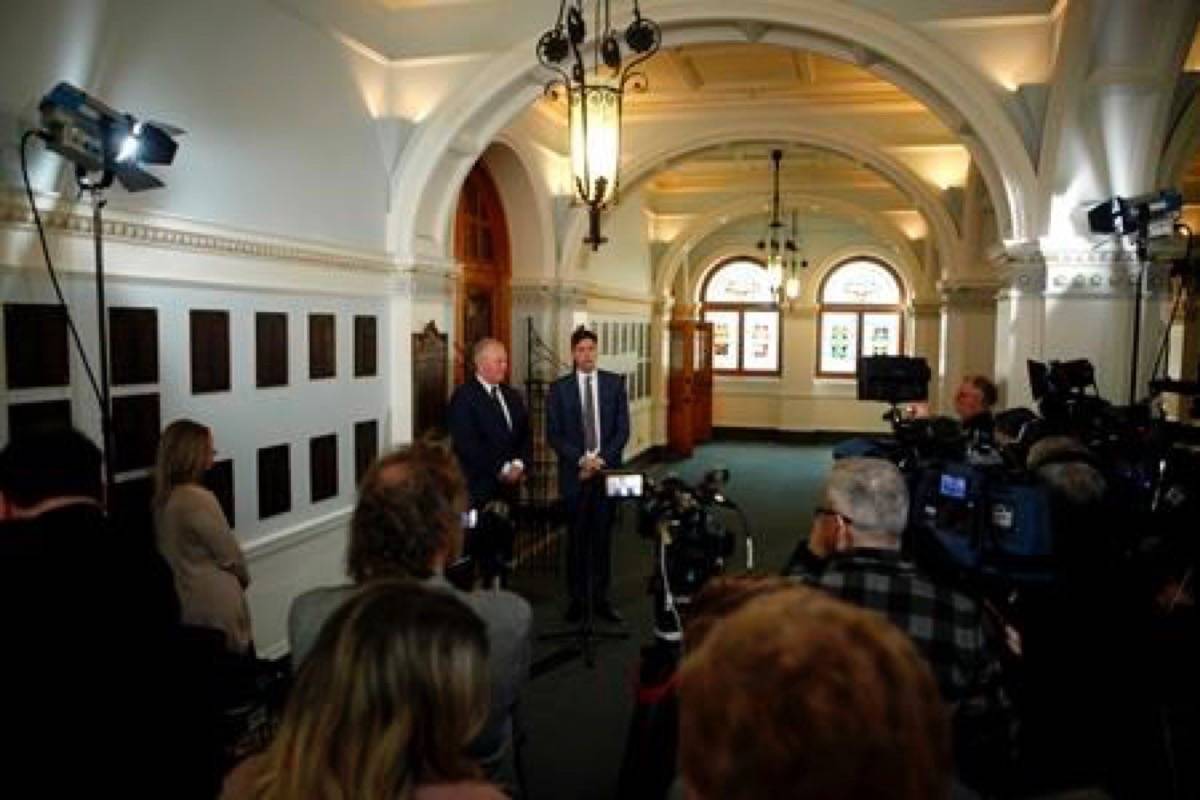 B.C. Attorney General David Eby and Federal Minister of Border Security and Organized Crime Reduction Bill Blair speak to media following a meeting to discuss money laundering during a press conference at Legislature on Wednesday, March 27, 2019. THE CANADIAN PRESS/Chad Hipolito