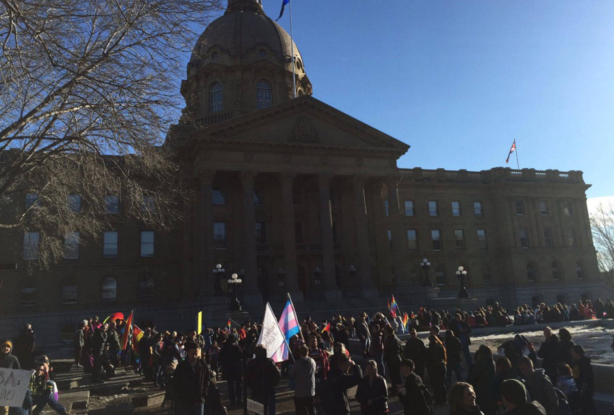 Rally at Alberta legislature to support protecting privacy of students who join GSAs